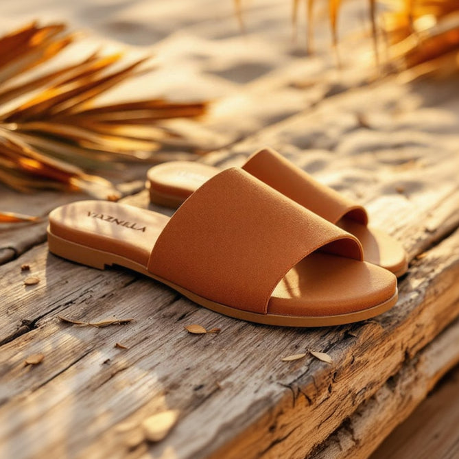 Brown sandal on a wooden surface with dried leaves in the background